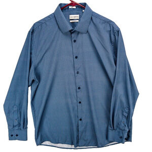 Lucky Brand Button Dress Shirt Mens 17.5 XL Slim Fit Stretch Blue Grid Poly